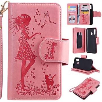 Embossing Cat Girl 9 Card Leather Wallet Case for Samsung Galaxy A40 - Pink