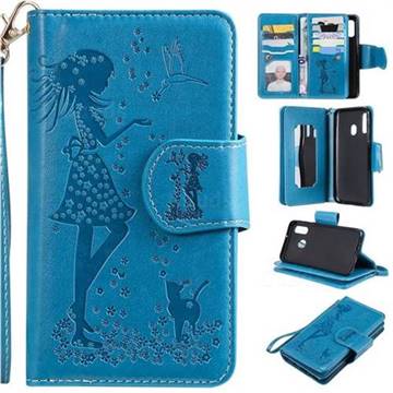 Embossing Cat Girl 9 Card Leather Wallet Case for Samsung Galaxy A40 - Blue