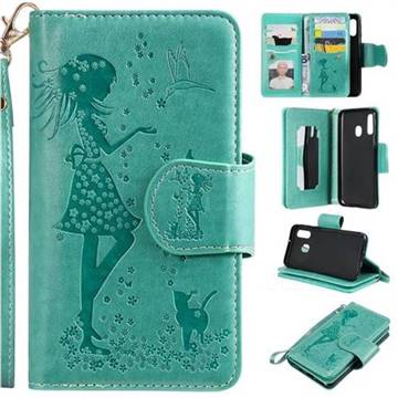 Embossing Cat Girl 9 Card Leather Wallet Case for Samsung Galaxy A40 - Green