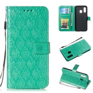 Intricate Embossing Rattan Flower Leather Wallet Case for Samsung Galaxy A40 - Green
