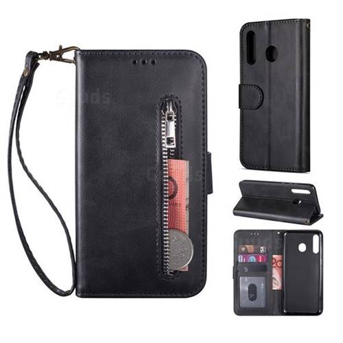 Retro Calfskin Zipper Leather Wallet Case Cover for Samsung Galaxy A40 - Black