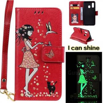 Luminous Flower Girl Cat Leather Wallet Case for Samsung Galaxy A40 - Red