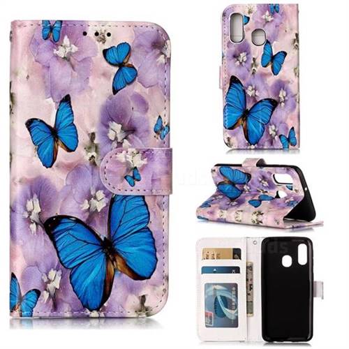 Purple Flowers Butterfly 3D Relief Oil PU Leather Wallet Case for Samsung Galaxy A40