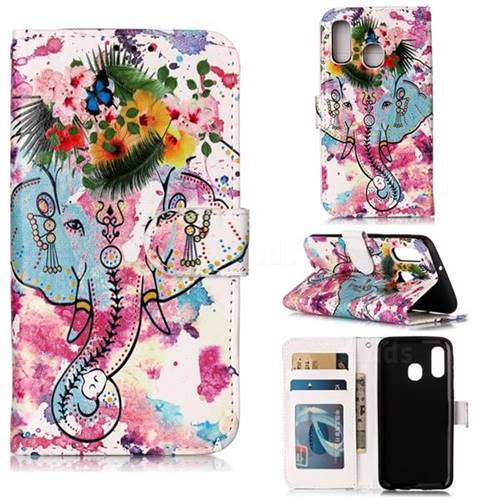 Flower Elephant 3D Relief Oil PU Leather Wallet Case for Samsung Galaxy A40