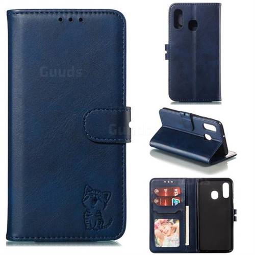 Embossing Happy Cat Leather Wallet Case for Samsung Galaxy A40 - Blue
