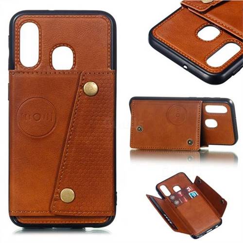 Retro Multifunction Card Slots Stand Leather Coated Phone Back Cover for Samsung Galaxy A40 - Brown