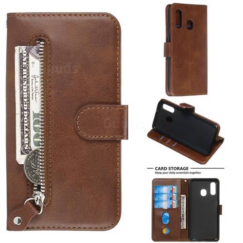 Retro Luxury Zipper Leather Phone Wallet Case for Samsung Galaxy A40 - Brown