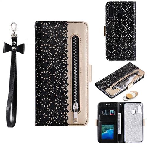 Luxury Lace Zipper Stitching Leather Phone Wallet Case for Samsung Galaxy A40 - Black