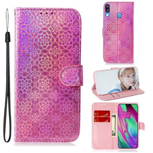 Laser Circle Shining Leather Wallet Phone Case for Samsung Galaxy A40 - Pink