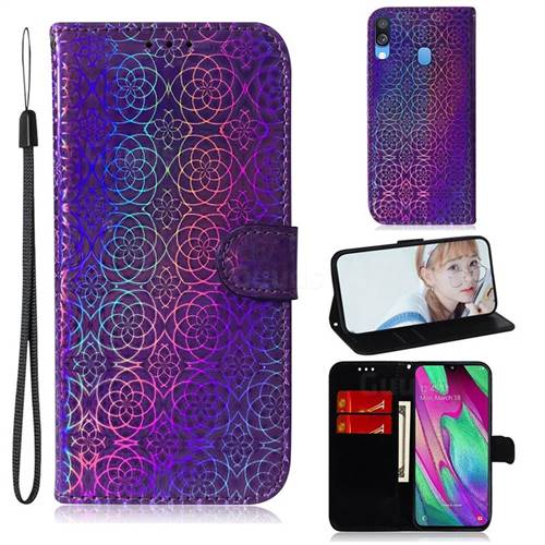 Laser Circle Shining Leather Wallet Phone Case for Samsung Galaxy A40 - Purple