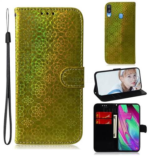 Laser Circle Shining Leather Wallet Phone Case for Samsung Galaxy A40 - Golden
