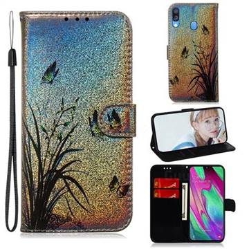 Butterfly Orchid Laser Shining Leather Wallet Phone Case for Samsung Galaxy A40