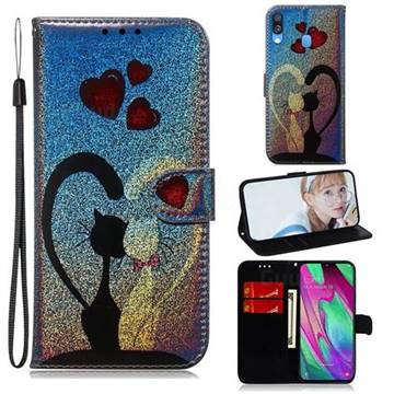 Love Cat Laser Shining Leather Wallet Phone Case for Samsung Galaxy A40