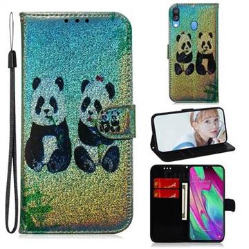 Two Pandas Laser Shining Leather Wallet Phone Case for Samsung Galaxy A40