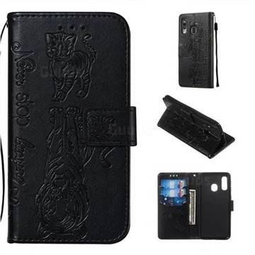 Embossing Tiger and Cat Leather Wallet Case for Samsung Galaxy A40 - Black