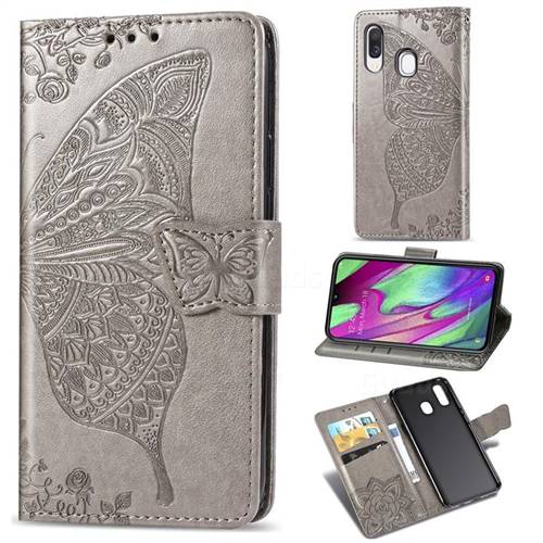 Embossing Mandala Flower Butterfly Leather Wallet Case for Samsung Galaxy A40 - Gray
