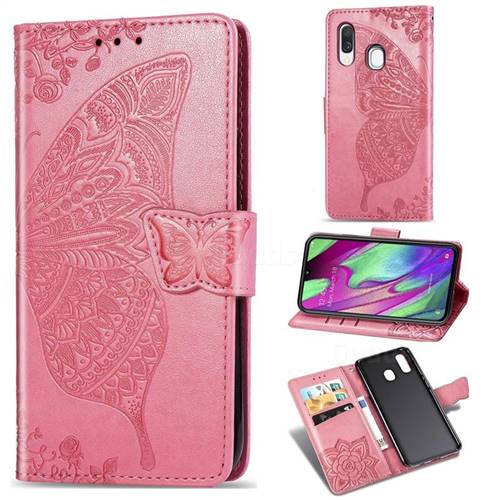 Embossing Mandala Flower Butterfly Leather Wallet Case for Samsung Galaxy A40 - Pink