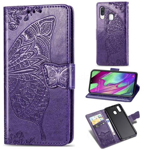 Embossing Mandala Flower Butterfly Leather Wallet Case for Samsung Galaxy A40 - Dark Purple
