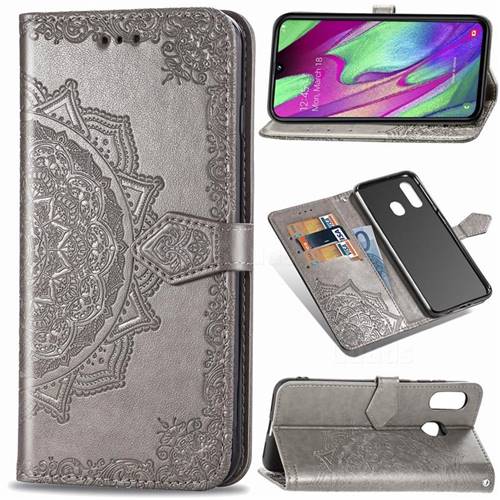 Embossing Imprint Mandala Flower Leather Wallet Case for Samsung Galaxy A40 - Gray