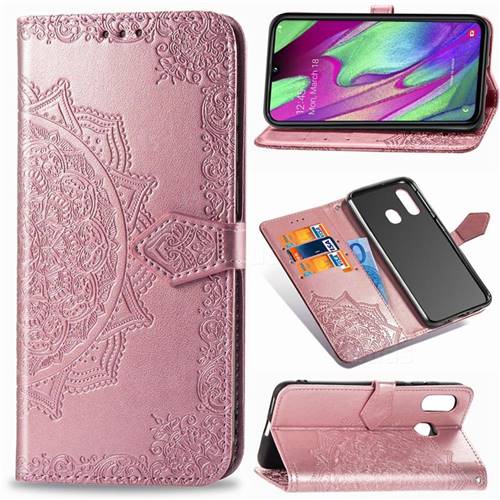 Embossing Imprint Mandala Flower Leather Wallet Case for Samsung Galaxy A40 - Rose Gold