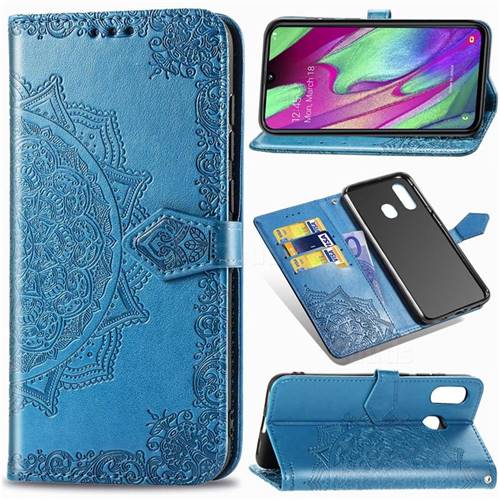 Embossing Imprint Mandala Flower Leather Wallet Case for Samsung Galaxy A40 - Blue