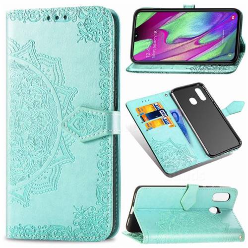 Embossing Imprint Mandala Flower Leather Wallet Case for Samsung Galaxy A40 - Green