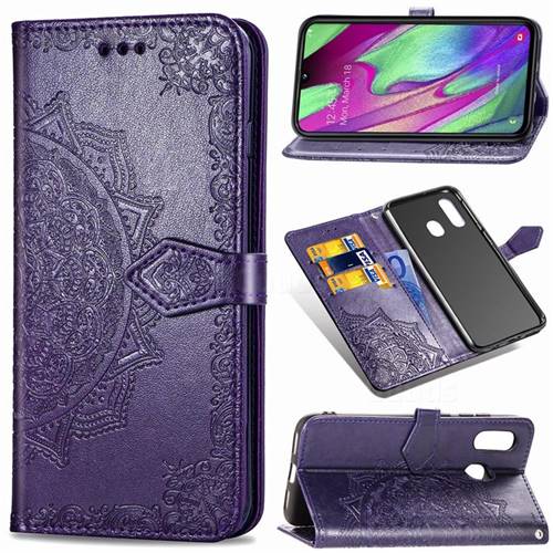 Embossing Imprint Mandala Flower Leather Wallet Case for Samsung Galaxy A40 - Purple
