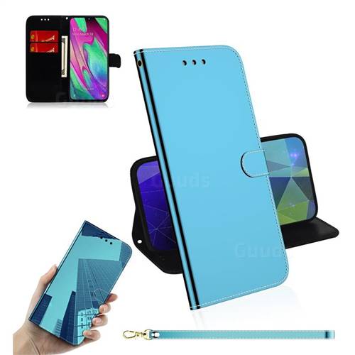 Shining Mirror Like Surface Leather Wallet Case for Samsung Galaxy A40 - Blue