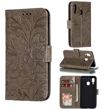 Intricate Embossing Lace Jasmine Flower Leather Wallet Case for Samsung Galaxy A40 - Gray