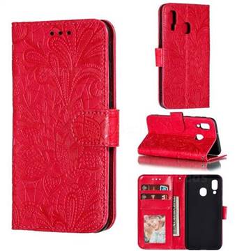 Intricate Embossing Lace Jasmine Flower Leather Wallet Case for Samsung Galaxy A40 - Red