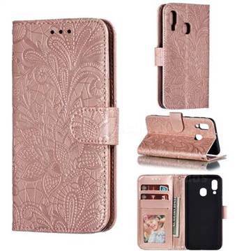Intricate Embossing Lace Jasmine Flower Leather Wallet Case for Samsung Galaxy A40 - Rose Gold