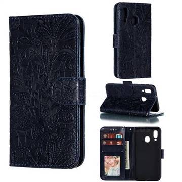 Intricate Embossing Lace Jasmine Flower Leather Wallet Case for Samsung Galaxy A40 - Dark Blue