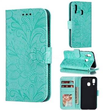 Intricate Embossing Lace Jasmine Flower Leather Wallet Case for Samsung Galaxy A40 - Green