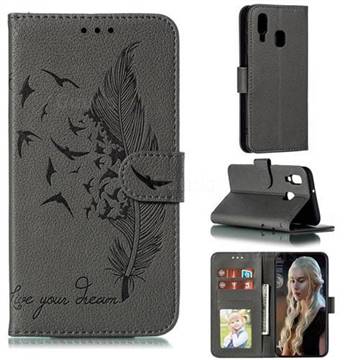 Intricate Embossing Lychee Feather Bird Leather Wallet Case for Samsung Galaxy A40 - Gray