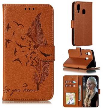 Intricate Embossing Lychee Feather Bird Leather Wallet Case for Samsung Galaxy A40 - Brown