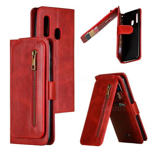 Multifunction 9 Cards Leather Zipper Wallet Phone Case for Samsung Galaxy A40 - Red