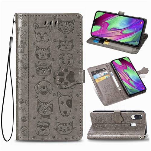 Embossing Dog Paw Kitten and Puppy Leather Wallet Case for Samsung Galaxy A40 - Gray