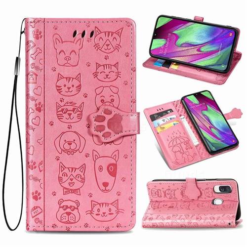 Embossing Dog Paw Kitten and Puppy Leather Wallet Case for Samsung Galaxy A40 - Pink