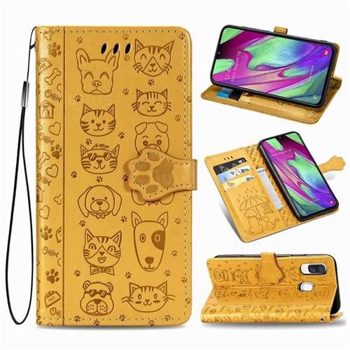 Embossing Dog Paw Kitten and Puppy Leather Wallet Case for Samsung Galaxy A40 - Yellow