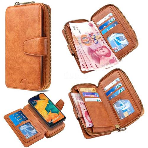 Binfen Color Retro Buckle Zipper Multifunction Leather Phone Wallet for Samsung Galaxy A40 - Brown