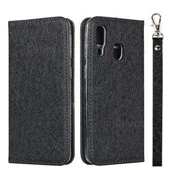 Ultra Slim Magnetic Automatic Suction Silk Lanyard Leather Flip Cover for Samsung Galaxy A40 - Black