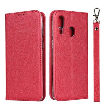 Ultra Slim Magnetic Automatic Suction Silk Lanyard Leather Flip Cover for Samsung Galaxy A40 - Red