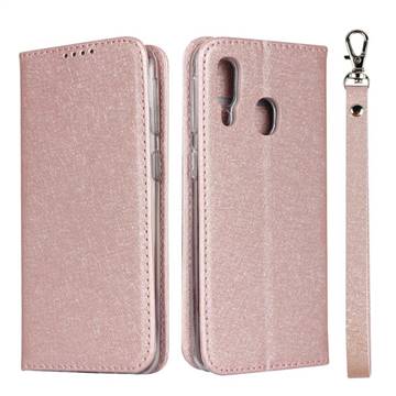 Ultra Slim Magnetic Automatic Suction Silk Lanyard Leather Flip Cover for Samsung Galaxy A40 - Rose Gold