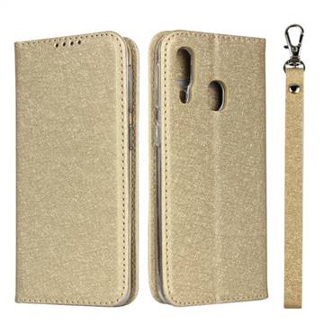 Ultra Slim Magnetic Automatic Suction Silk Lanyard Leather Flip Cover for Samsung Galaxy A40 - Golden