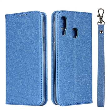 Ultra Slim Magnetic Automatic Suction Silk Lanyard Leather Flip Cover for Samsung Galaxy A40 - Sky Blue