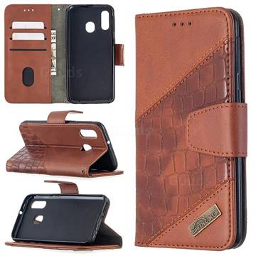 BinfenColor BF04 Color Block Stitching Crocodile Leather Case Cover for Samsung Galaxy A40 - Brown