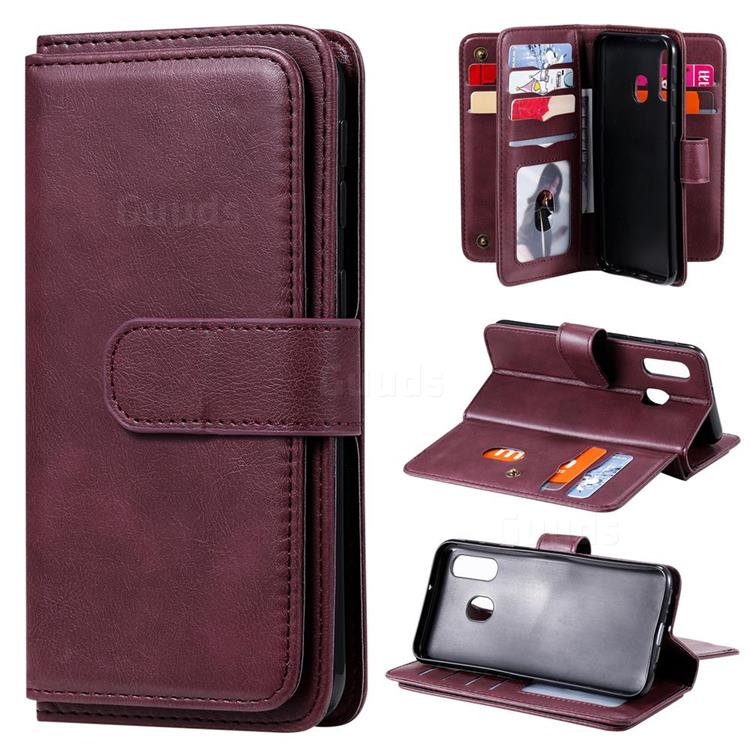 Multi-function Ten Card Slots and Photo Frame PU Leather Wallet Phone Case Cover for Samsung Galaxy A40 - Claret