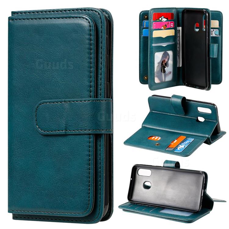 Multi-function Ten Card Slots and Photo Frame PU Leather Wallet Phone Case Cover for Samsung Galaxy A40 - Dark Green