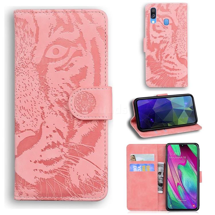 Intricate Embossing Tiger Face Leather Wallet Case for Samsung Galaxy A40 - Pink