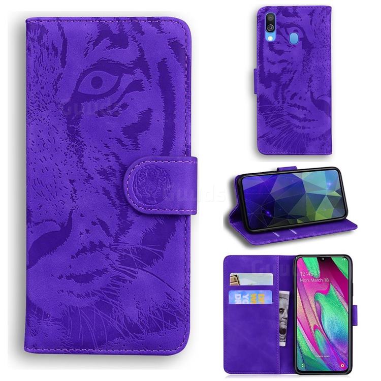 Intricate Embossing Tiger Face Leather Wallet Case for Samsung Galaxy A40 - Purple